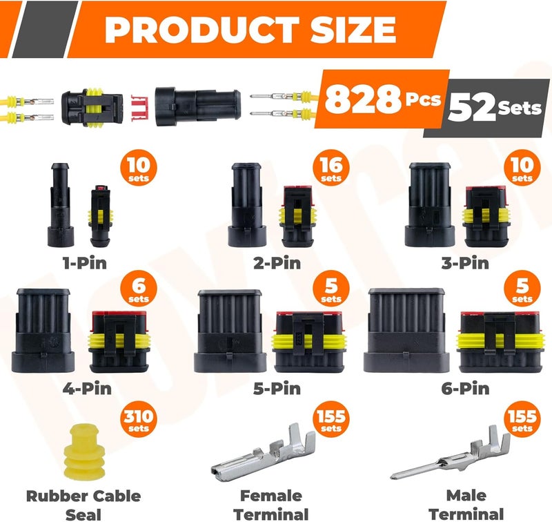 Noxtren 828Pcs 52 Sets Waterproof Automotive Electrical Wire Connectors with Ratcheting Wire Crimper, 1/2/3/4/5/6 Pin Plug Connectors Kit Water proof Connector - Image 2